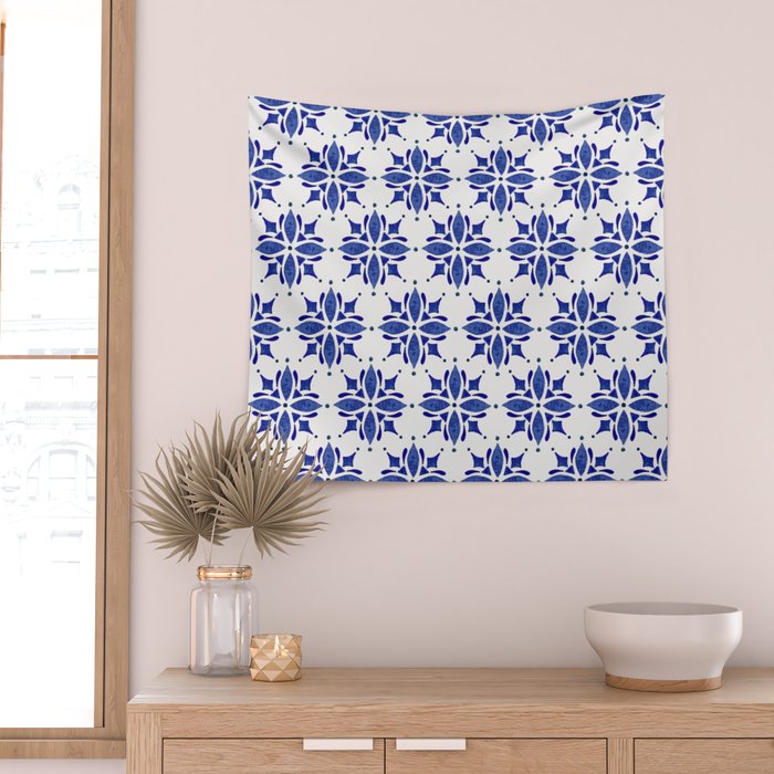 Dark Blue Watercolor Tile Pattern Wall Tapestry Gallery Image 2