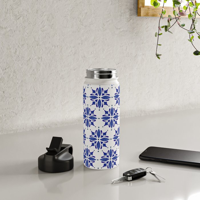 Dark Blue Watercolor Tile Pattern Water Bottle Gallery Image 4