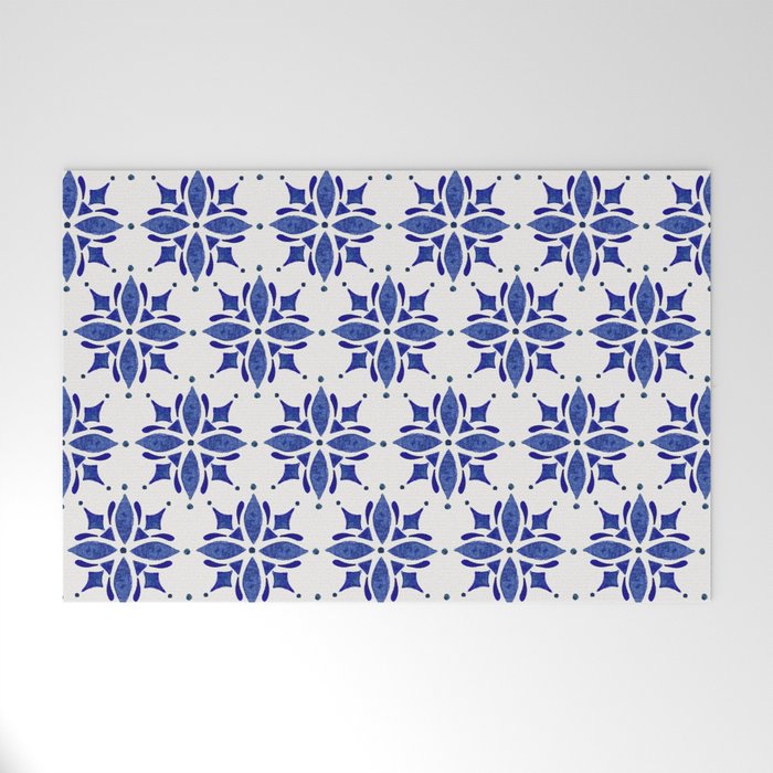Dark Blue Watercolor Tile Pattern Welcome Mat Gallery Image 1