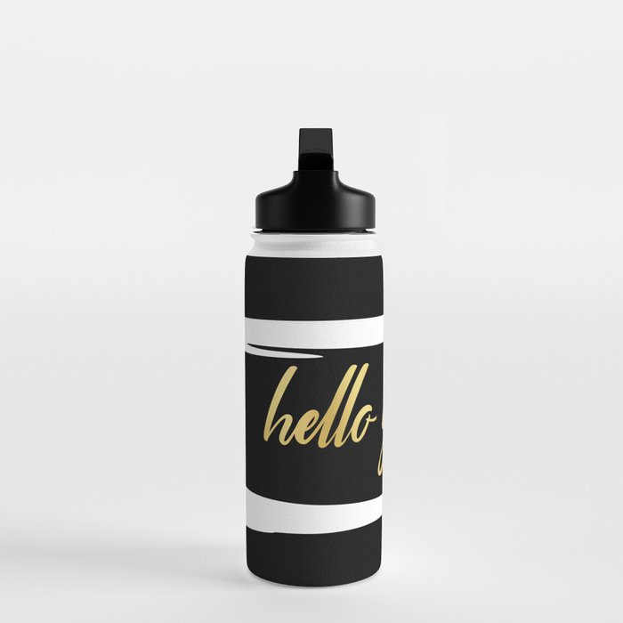 Hello Gorgeous, Gold, Black and White Print Water Bottle Gallery Image 3