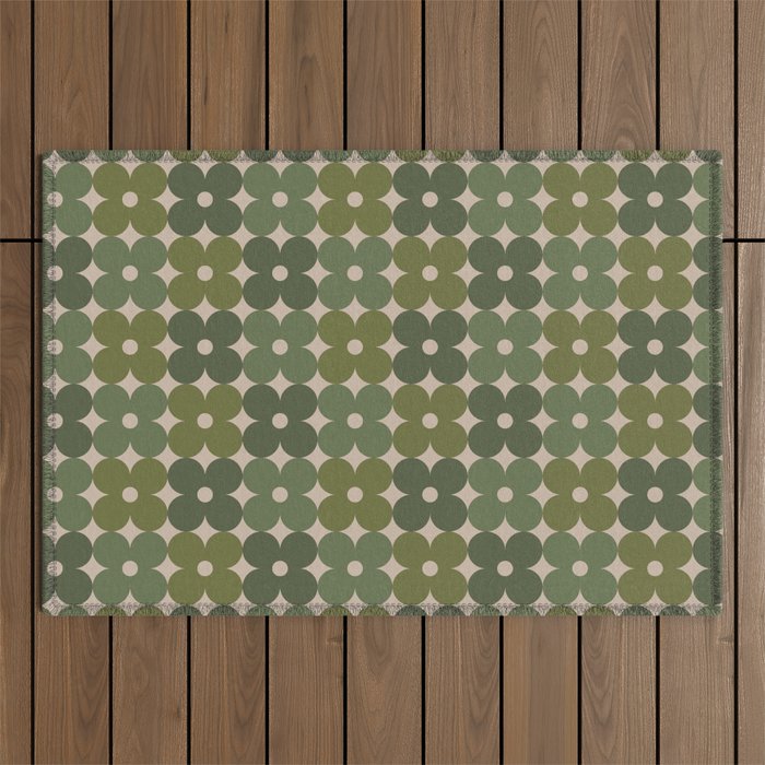 Retro Flower Geometric Pattern in Green Tones Outdoor Rug Gallery Image 1
