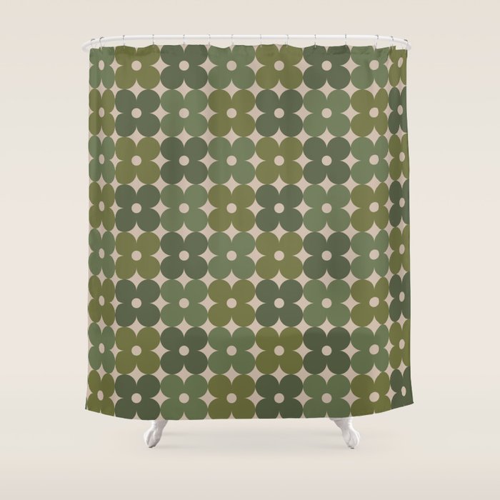Retro Flower Geometric Pattern in Green Tones Shower Curtain Gallery Image 1