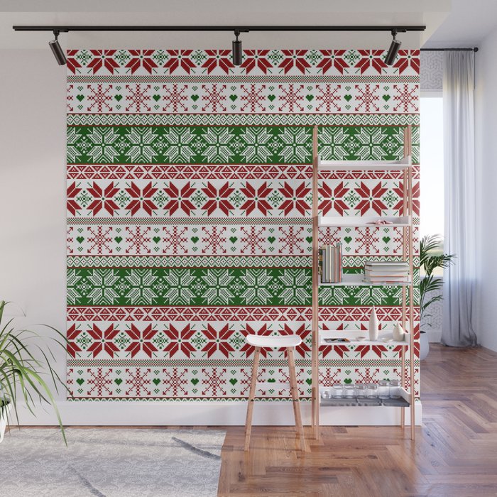 Green & Red Winter Fair Isle Wall Mural Gallery Image 1