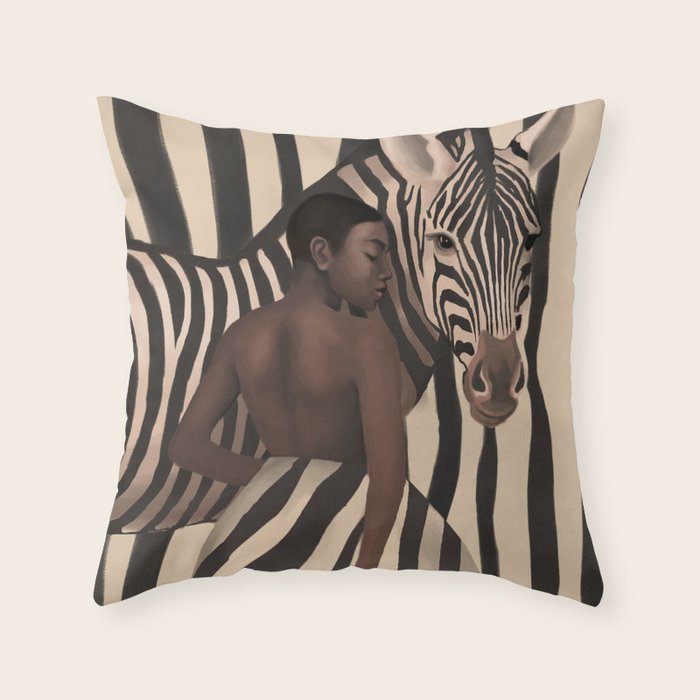 Woman and Zebra in Bold Stripes Throw Pillow Gallery Image 1