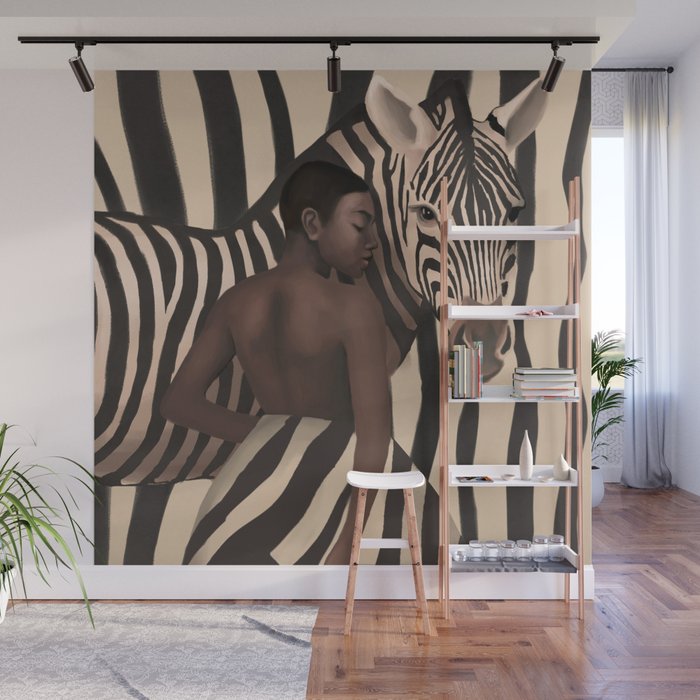 Woman and Zebra in Bold Stripes Wall Mural Gallery Image 1