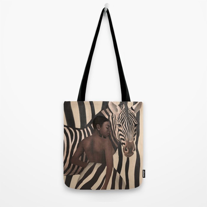 Woman and Zebra in Bold Stripes Tote Bag Gallery Image 2