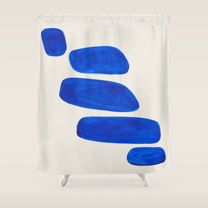 Minimalist Modern Mid Century Colorful Abstract Shapes Phthalo Blue Native Pebbles Stacked Shower Curtain Gallery Image 1