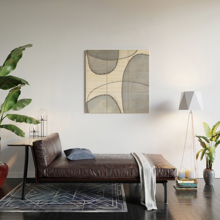 Minimal Blue Grey Shapes Wood Wall Art Gallery Image 2