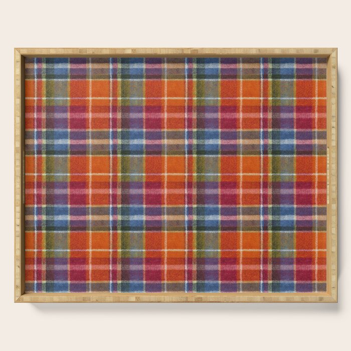 Bold Colorful Tartan Plaid Pattern in Red Orange and Blue  Serving Tray Gallery Image 1
