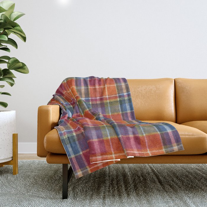 Bold Colorful Tartan Plaid Pattern in Red Orange and Blue  Throw Blanket Gallery Image 1