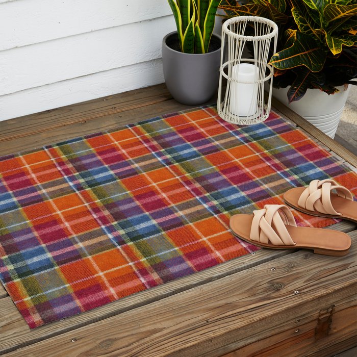 Bold Colorful Tartan Plaid Pattern in Red Orange and Blue  Outdoor Rug Gallery Image 2
