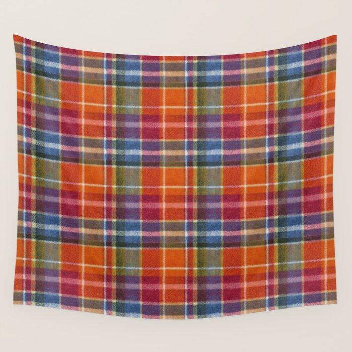 Bold Colorful Tartan Plaid Pattern in Red Orange and Blue  Wall Tapestry Gallery Image 1