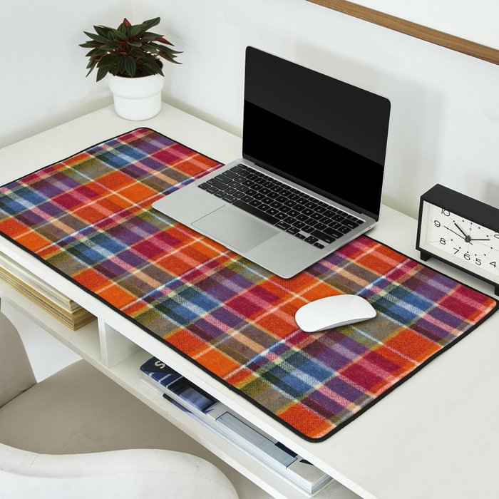 Bold Colorful Tartan Plaid Pattern in Red Orange and Blue  Desk Mat Gallery Image 2