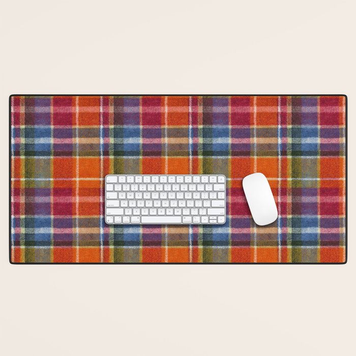 Bold Colorful Tartan Plaid Pattern in Red Orange and Blue  Desk Mat Gallery Image 1