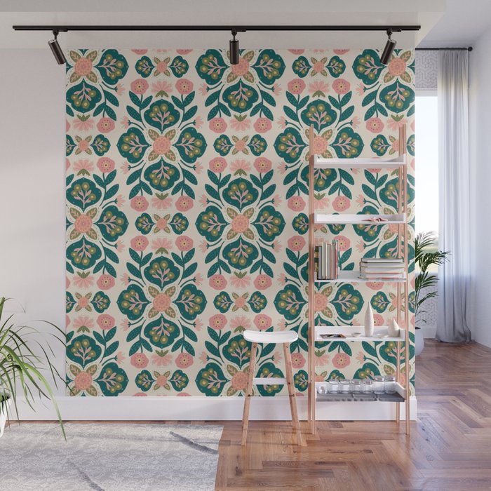 Indian Floral - pink and green  Wall Mural Gallery Image 1