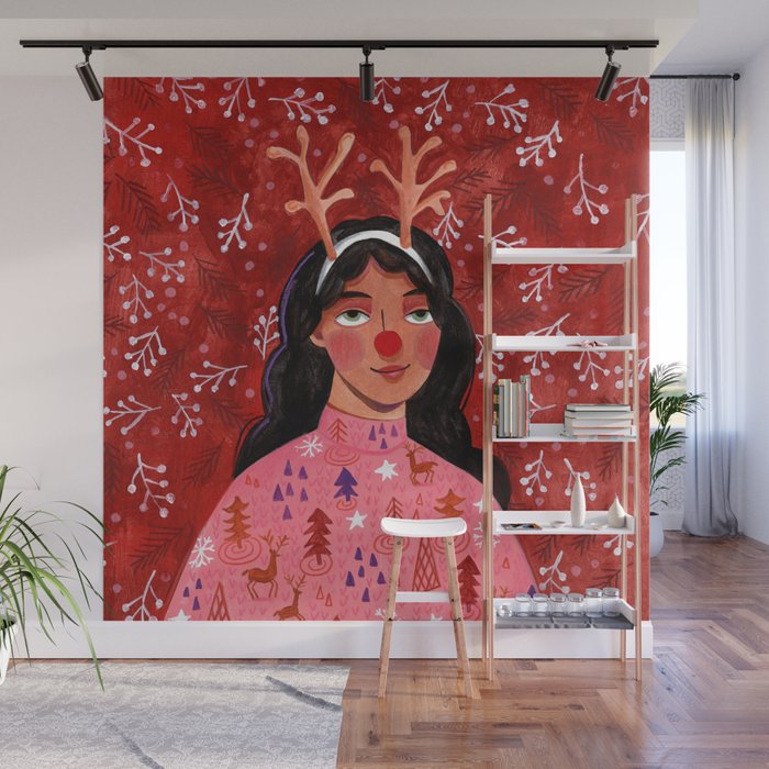 Festive groovy retro holiday woman portrait Wall Mural Gallery Image 1