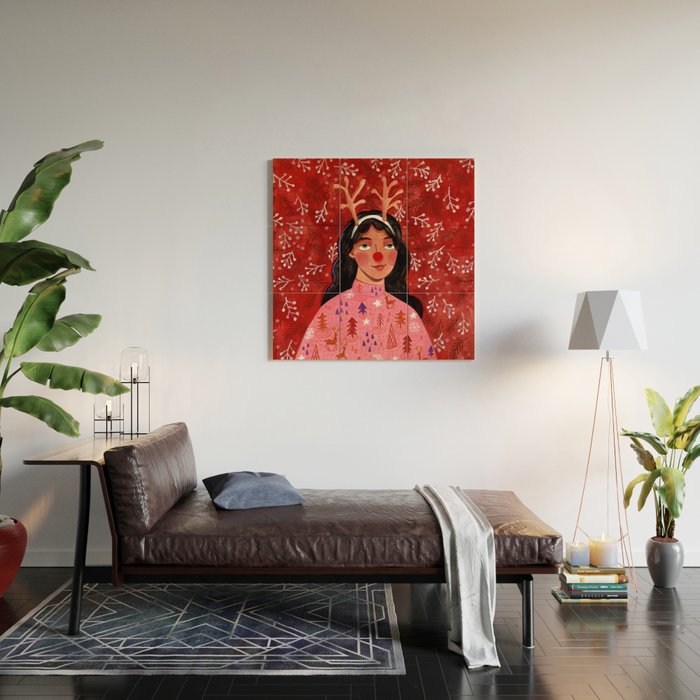 Festive groovy retro holiday woman portrait Wood Wall Art Gallery Image 2