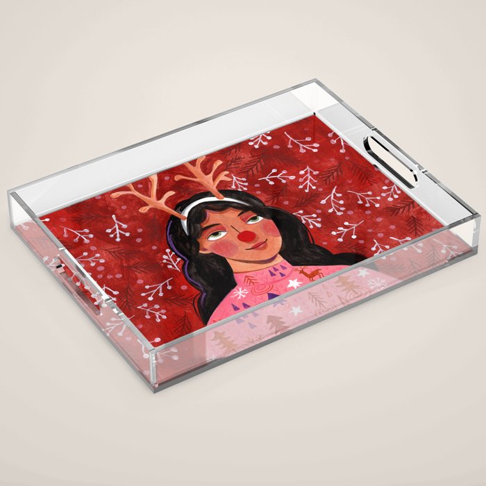 Festive groovy retro holiday woman portrait Acrylic Tray Gallery Image 1