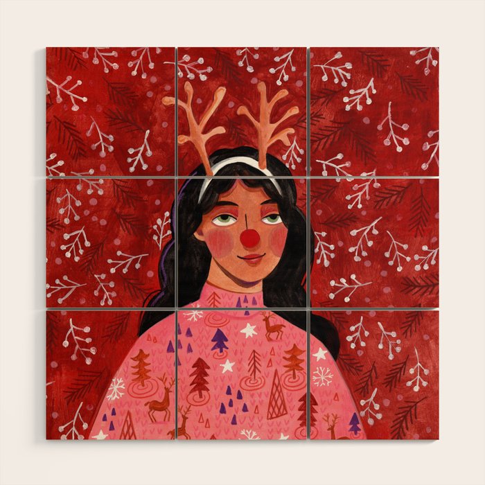 Festive groovy retro holiday woman portrait Wood Wall Art Gallery Image 1