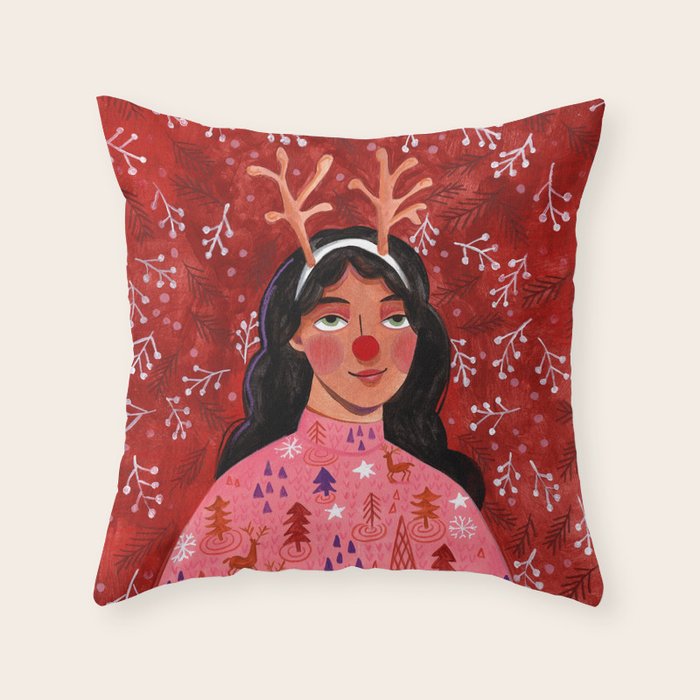 Festive groovy retro holiday woman portrait Throw Pillow Gallery Image 6