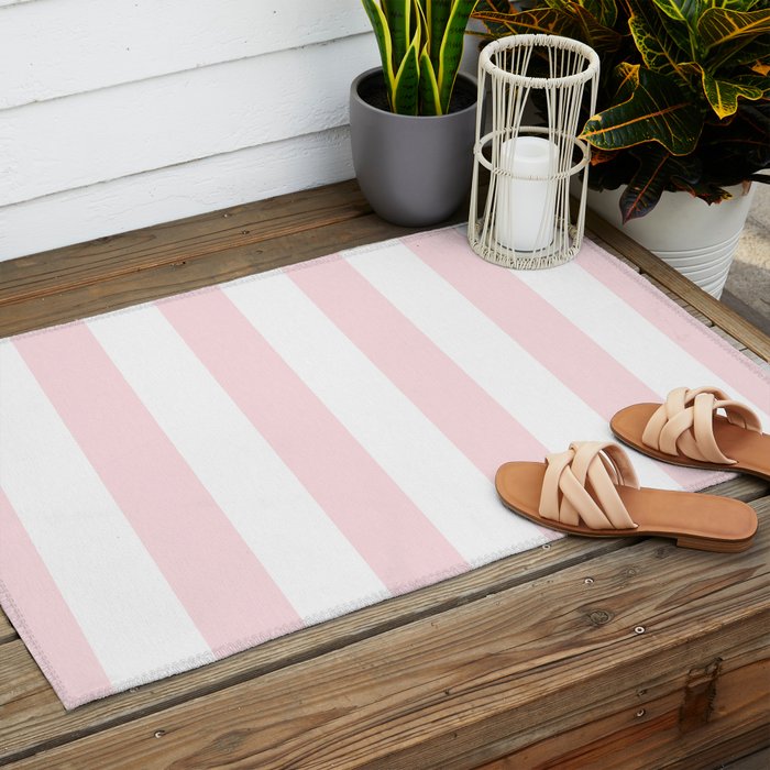 Simply Vertical Stripes Flamingo Pink on White Outdoor Rug Gallery Image 2
