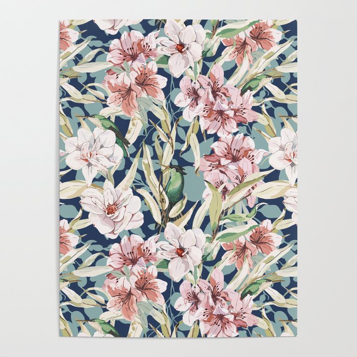 Birds in lush night garden flowers Poster Gallery Image 4
