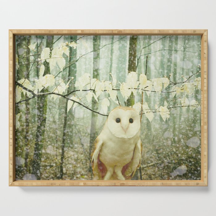 Winter Owl - whimsical snowy winter forest photo Serving Tray Gallery Image 1