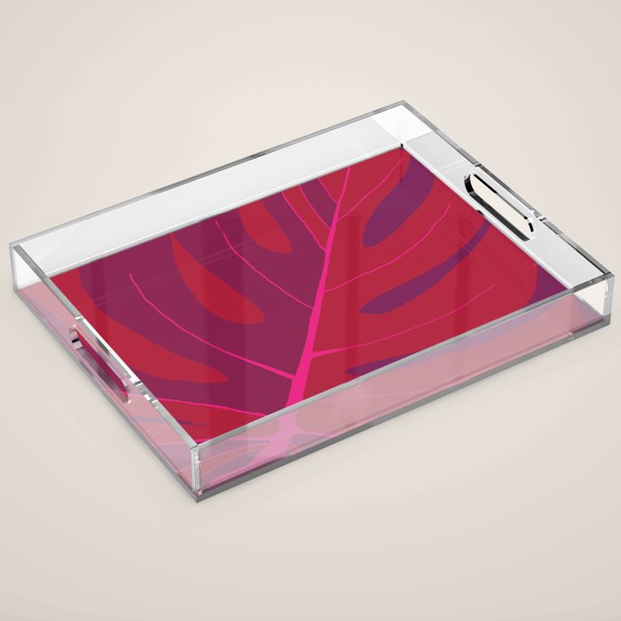 Only One Monstera Leaf in Red And Purple Colors #decor #society6 #buyart Acrylic Tray Gallery Image 1