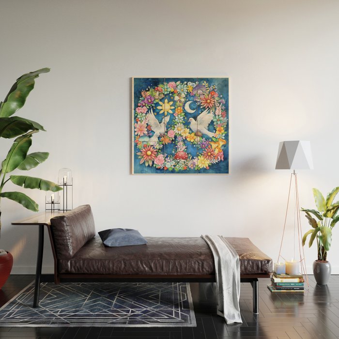 Watercolor Floral PEACE Sign illustration Wood Wall Art Gallery Image 2
