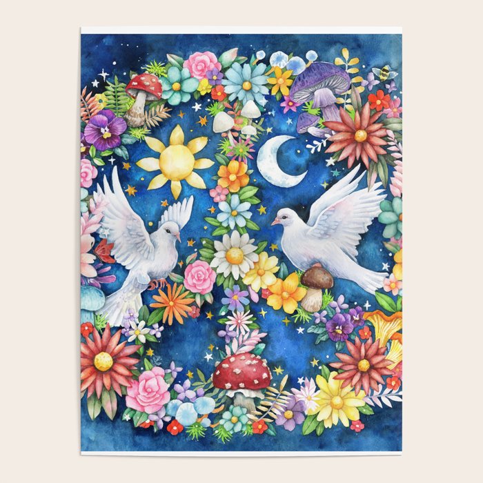 Watercolor Floral PEACE Sign illustration Poster Gallery Image 4