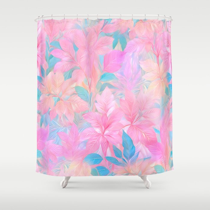 Unicorn Garden, Iridescent Holographic Soft Pastel Gradient, Yoga Meditation Mindfulness Spiritual, Eclectic Pink Botanical Nature Plants Forest Graphic Design Pattern Shower Curtain Gallery Image 1