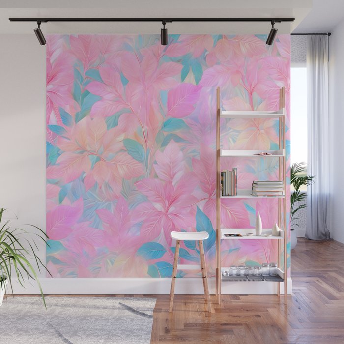 Unicorn Garden, Iridescent Holographic Soft Pastel Gradient, Yoga Meditation Mindfulness Spiritual, Eclectic Pink Botanical Nature Plants Forest Graphic Design Pattern Wall Mural Gallery Image 1