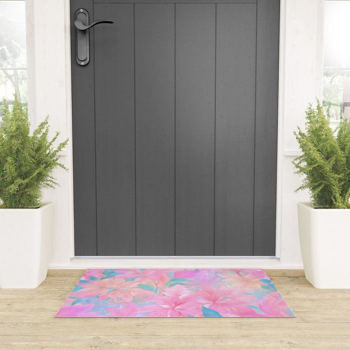 Unicorn Garden, Iridescent Holographic Soft Pastel Gradient, Yoga Meditation Mindfulness Spiritual, Eclectic Pink Botanical Nature Plants Forest Graphic Design Pattern Welcome Mat Gallery Image 3