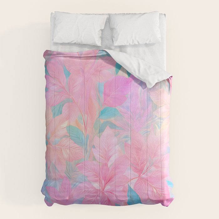 Unicorn Garden, Iridescent Holographic Soft Pastel Gradient, Yoga Meditation Mindfulness Spiritual, Eclectic Pink Botanical Nature Plants Forest Graphic Design Pattern Comforter Gallery Image 6