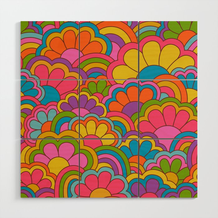 Retro Rainbow Flower Pattern Wood Wall Art Gallery Image 1