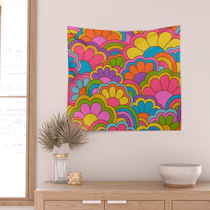 Retro Rainbow Flower Pattern Wall Tapestry Gallery Image 2