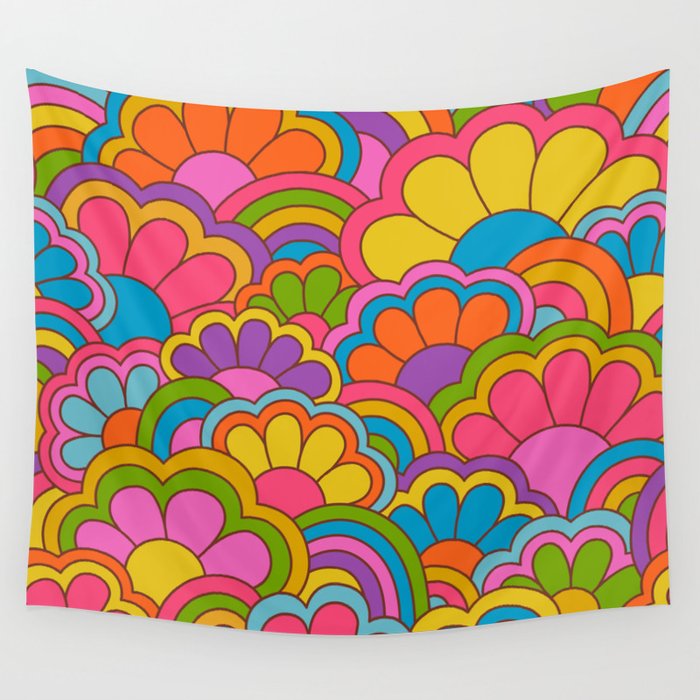 Retro Rainbow Flower Pattern Wall Tapestry