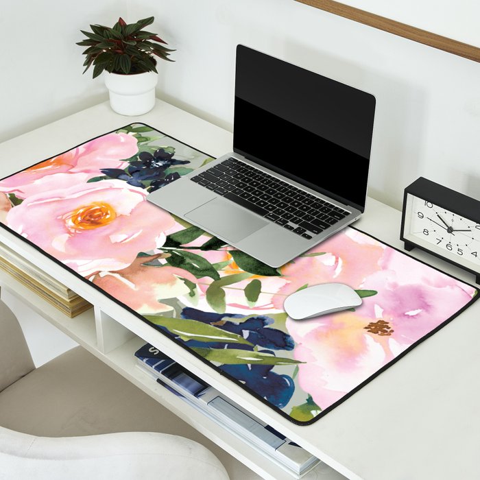 Festive, Floral Watercolor Rose Bouquet, Green and Pink Desk Mat Gallery Image 2