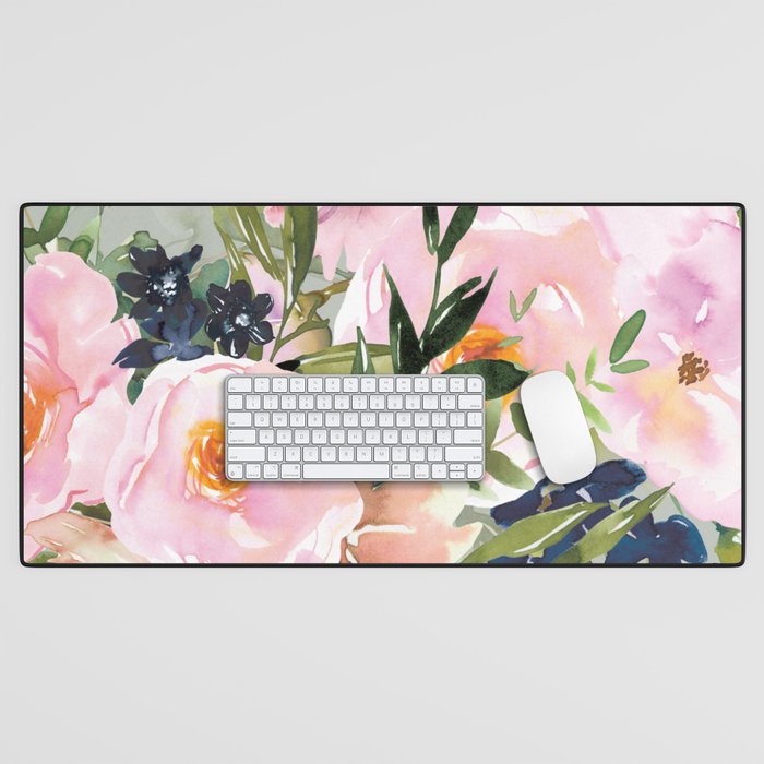 Festive, Floral Watercolor Rose Bouquet, Green and Pink Desk Mat Gallery Image 1