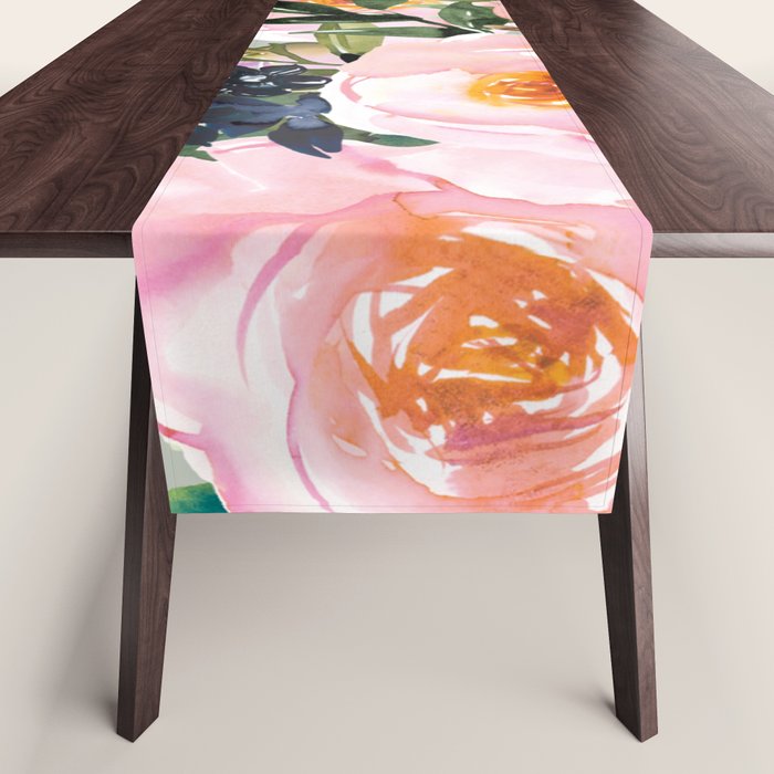 Festive, Floral Watercolor Rose Bouquet, Green and Pink Table Runner Gallery Image 1
