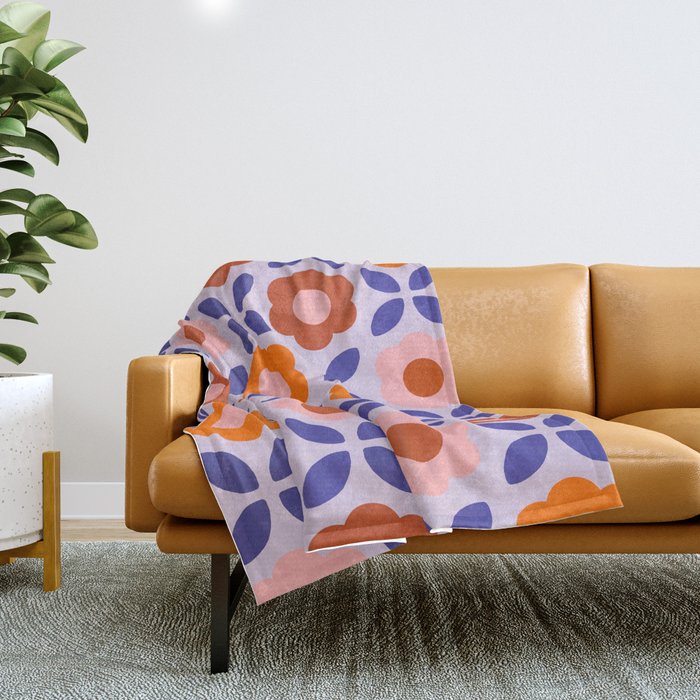 Retro Flower Pattern - orange periwinkle Throw Blanket Gallery Image 1