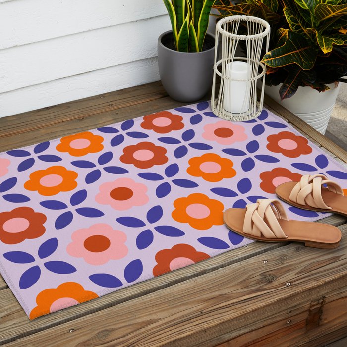 Retro Flower Pattern - orange periwinkle Outdoor Rug Gallery Image 2