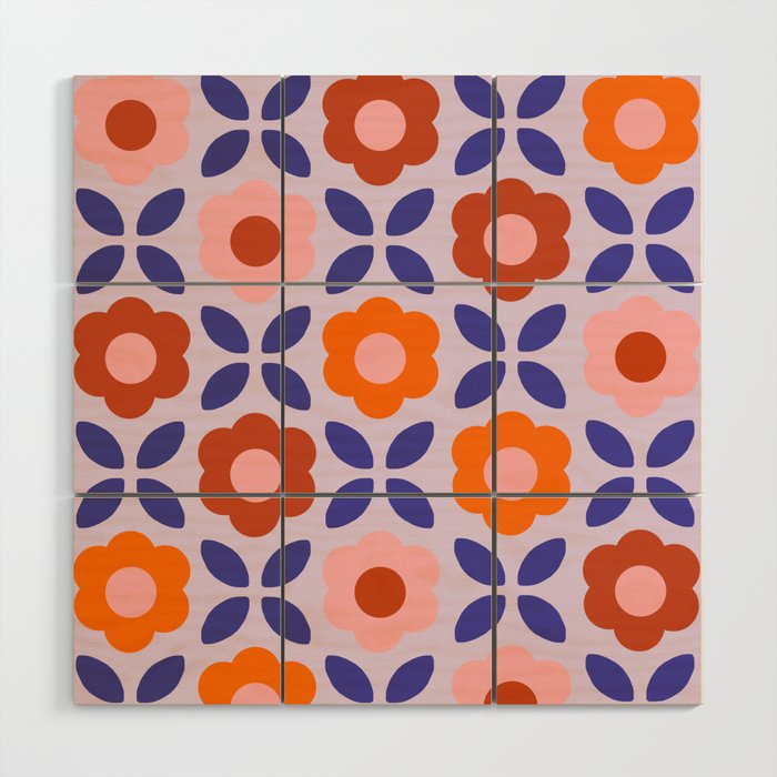 Retro Flower Pattern - orange periwinkle Wood Wall Art Gallery Image 1