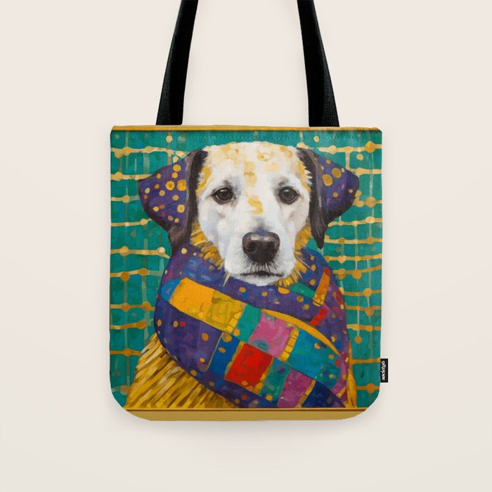 Gustav Klimt Style Dog with Colorful Scarf Tote Bag Gallery Image 1