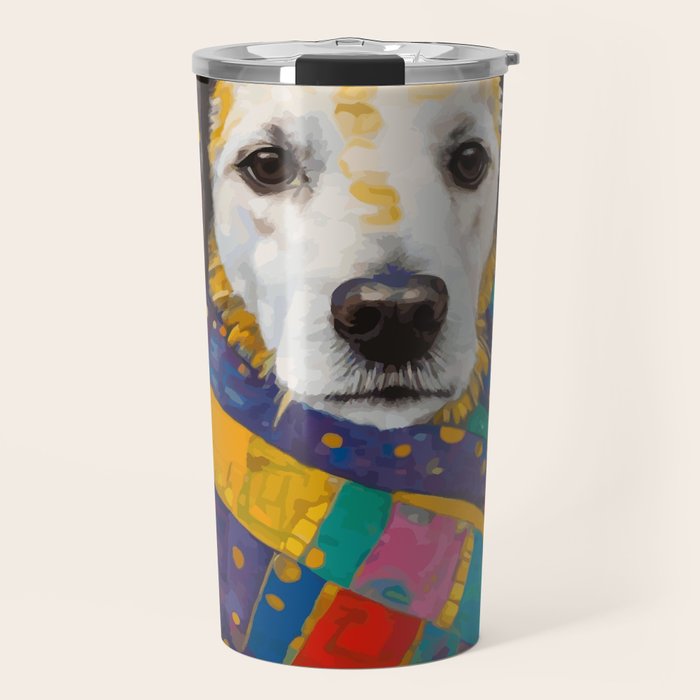 Gustav Klimt Style Dog with Colorful Scarf Travel Mug Gallery Image 1