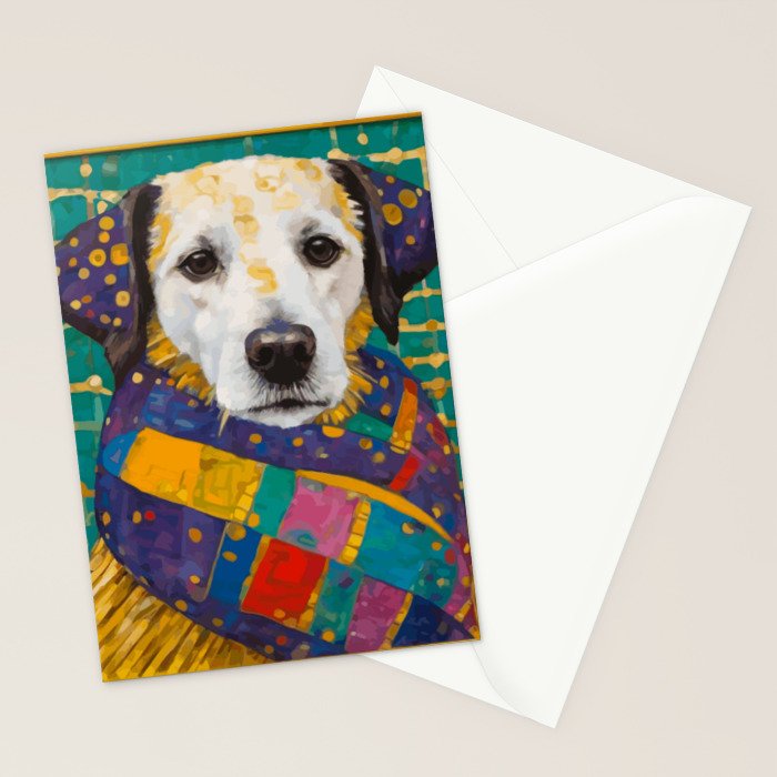Gustav Klimt Style Dog with Colorful Scarf Stationery Card Gallery Image 2