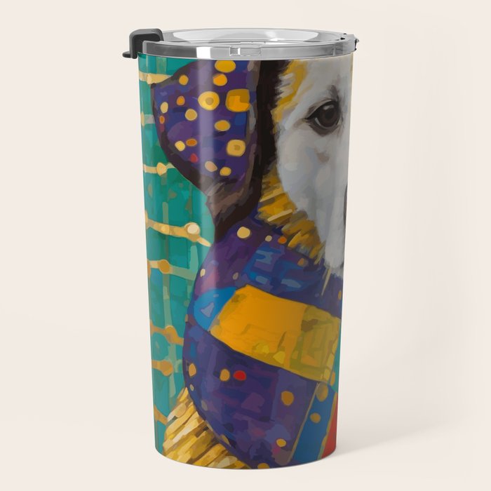 Gustav Klimt Style Dog with Colorful Scarf Travel Mug Gallery Image 3