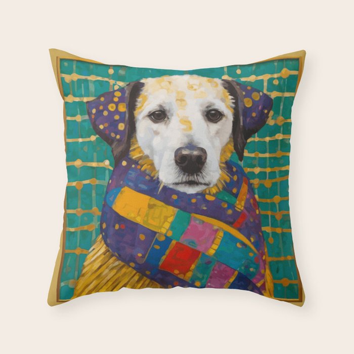 Gustav Klimt Style Dog with Colorful Scarf Throw Pillow Gallery Image 1