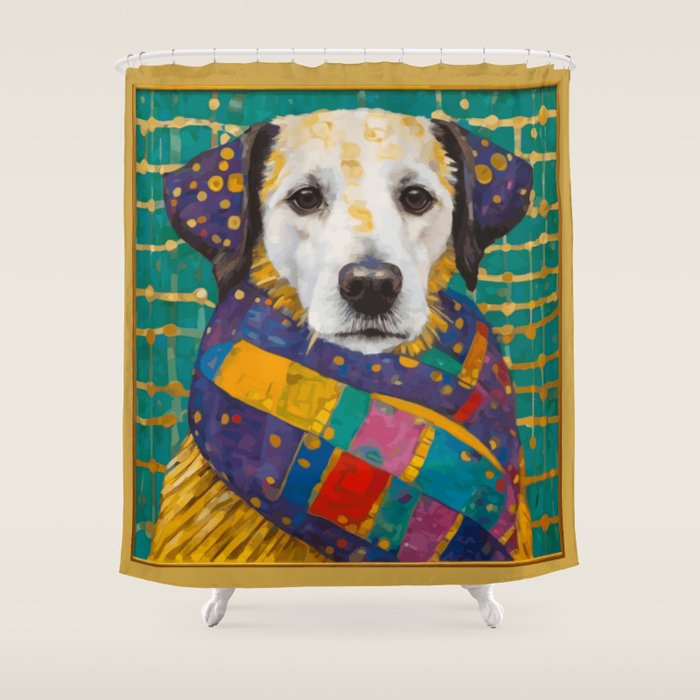 Gustav Klimt Style Dog with Colorful Scarf Shower Curtain Gallery Image 1
