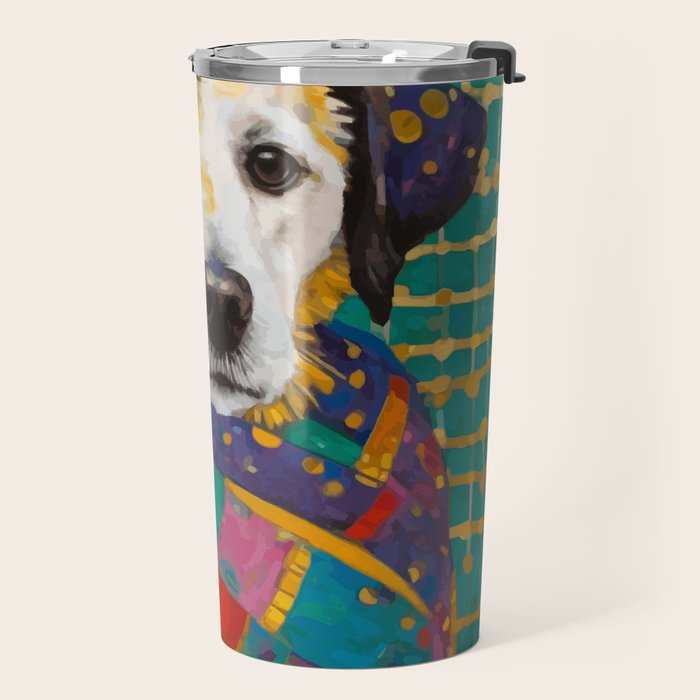 Gustav Klimt Style Dog with Colorful Scarf Travel Mug Gallery Image 2
